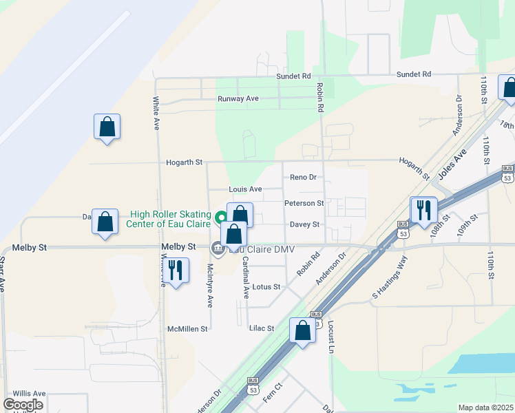 map of restaurants, bars, coffee shops, grocery stores, and more near 4128 Davey Court in Eau Claire