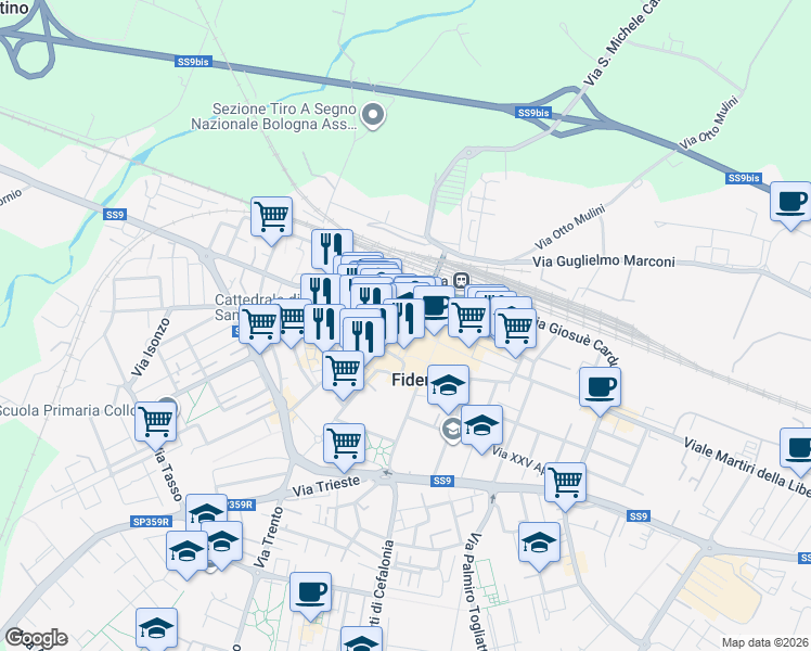 map of restaurants, bars, coffee shops, grocery stores, and more near 2 Piazza Giuseppe Garibaldi in Fidenza