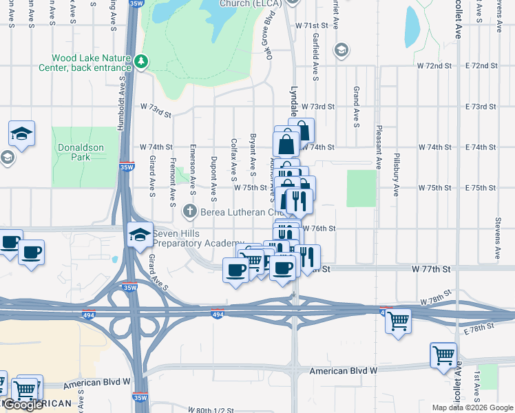 map of restaurants, bars, coffee shops, grocery stores, and more near 7521 Bryant Avenue South in Minneapolis
