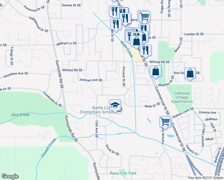 map of restaurants, bars, coffee shops, grocery stores, and more near 1480-1482 Woodside Court Southeast in Salem