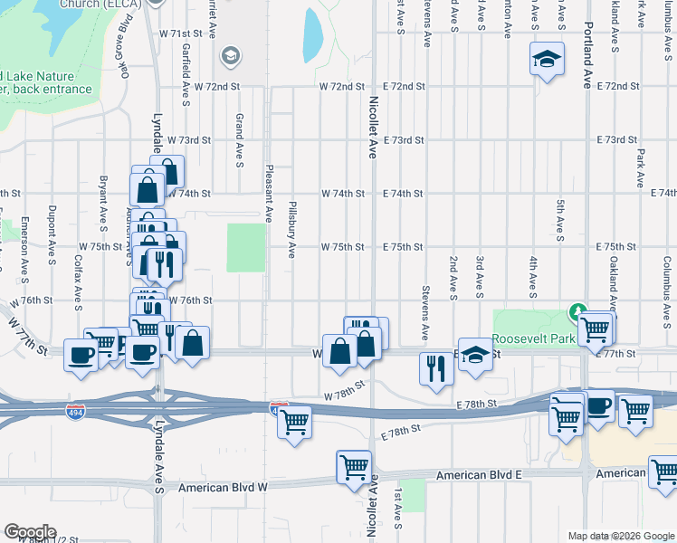 map of restaurants, bars, coffee shops, grocery stores, and more near 7521 Wentworth Avenue South in Minneapolis