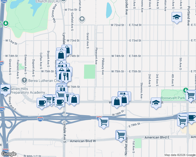 map of restaurants, bars, coffee shops, grocery stores, and more near 7526 Pleasant Avenue in Minneapolis