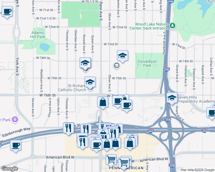 map of restaurants, bars, coffee shops, grocery stores, and more near 7520 Oliver Avenue South in Minneapolis