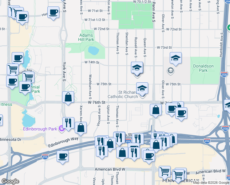 map of restaurants, bars, coffee shops, grocery stores, and more near 7521 Thomas Avenue South in Minneapolis