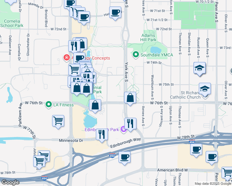 map of restaurants, bars, coffee shops, grocery stores, and more near 7500 York Avenue South in Minneapolis