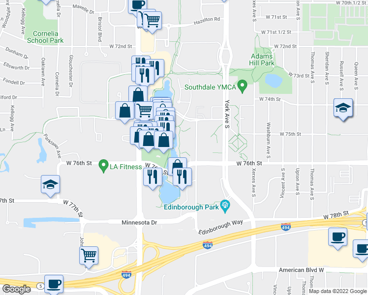 map of restaurants, bars, coffee shops, grocery stores, and more near 7500 Edinborough Way in Edina