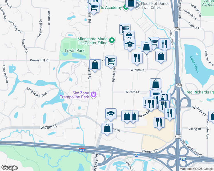 map of restaurants, bars, coffee shops, grocery stores, and more near 7540 Bush Lake Road in Minneapolis
