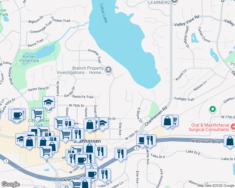 map of restaurants, bars, coffee shops, grocery stores, and more near 7523 Frontier Trail in Chanhassen
