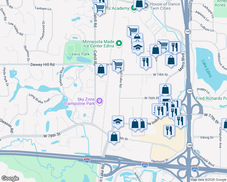 map of restaurants, bars, coffee shops, grocery stores, and more near 7540 Bush Lake Road in Minneapolis