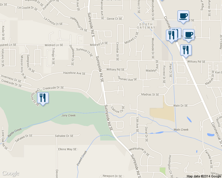map of restaurants, bars, coffee shops, grocery stores, and more near 1095 Pollyanne Avenue Southeast in Salem