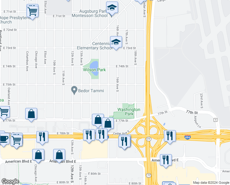 map of restaurants, bars, coffee shops, grocery stores, and more near 7520 16th Avenue South in Minneapolis