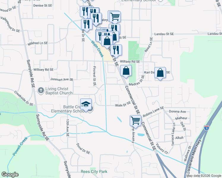 map of restaurants, bars, coffee shops, grocery stores, and more near 1702 Madras Street Southeast in Salem