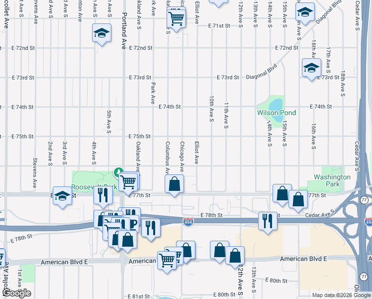 map of restaurants, bars, coffee shops, grocery stores, and more near 7521 Chicago Avenue in Richfield