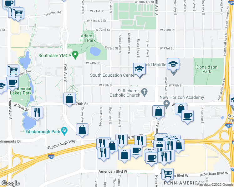 map of restaurants, bars, coffee shops, grocery stores, and more near 7521 Thomas Avenue South in Minneapolis