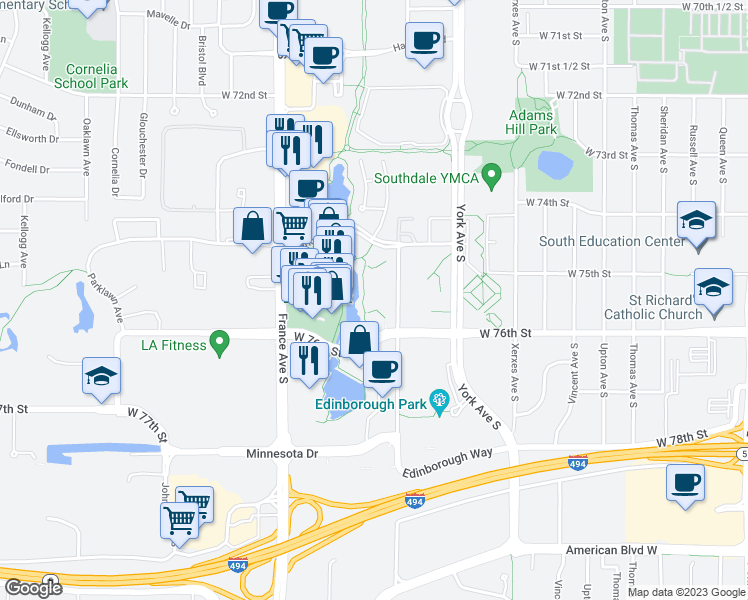 map of restaurants, bars, coffee shops, grocery stores, and more near 7500 Edinborough Way in Edina