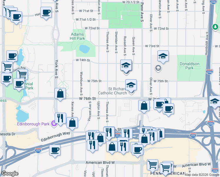 map of restaurants, bars, coffee shops, grocery stores, and more near 7521 Thomas Avenue South in Minneapolis