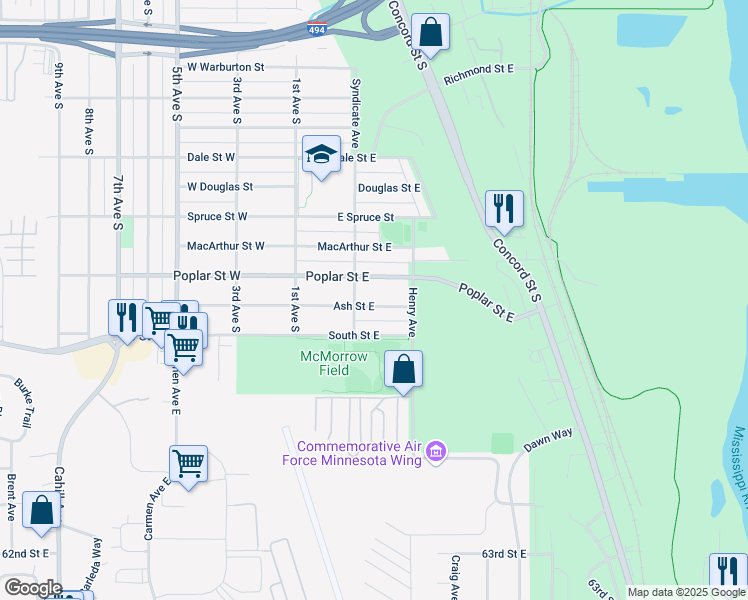 map of restaurants, bars, coffee shops, grocery stores, and more near 219 Ash Street East in South Saint Paul