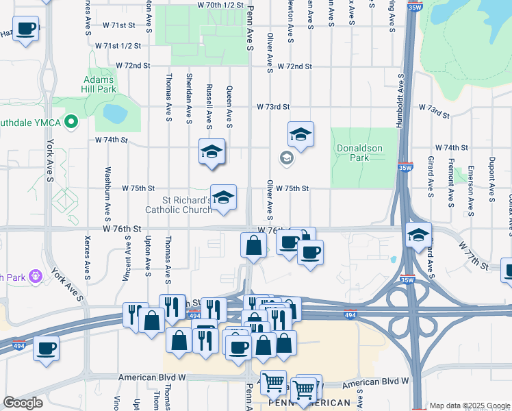 map of restaurants, bars, coffee shops, grocery stores, and more near 7521 Penn Avenue South in Minneapolis
