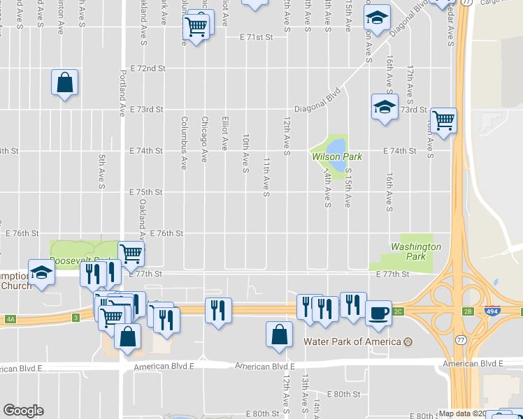 map of restaurants, bars, coffee shops, grocery stores, and more near 7520 11th Avenue South in Minneapolis