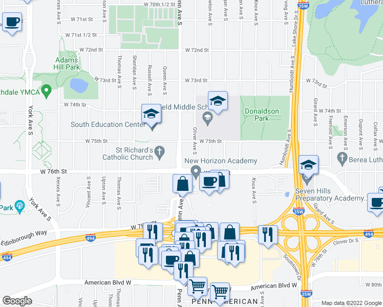 map of restaurants, bars, coffee shops, grocery stores, and more near 7520 Oliver Avenue South in Minneapolis