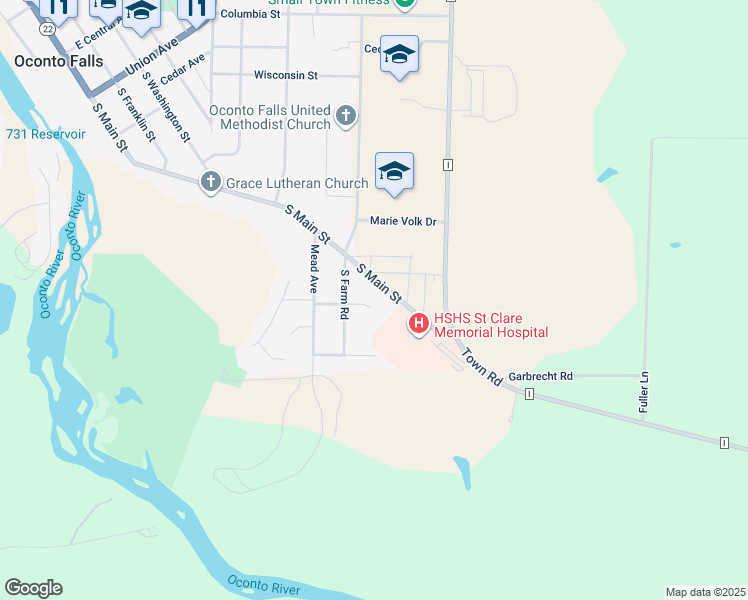 map of restaurants, bars, coffee shops, grocery stores, and more near 229 East Indianwood Drive in Oconto Falls