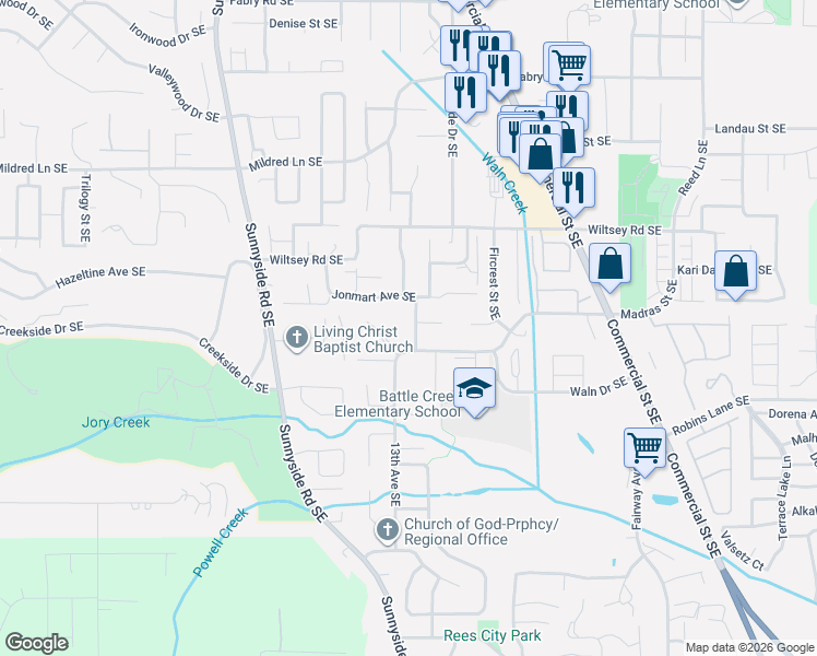 map of restaurants, bars, coffee shops, grocery stores, and more near 6175 Woodside Court Southeast in Salem
