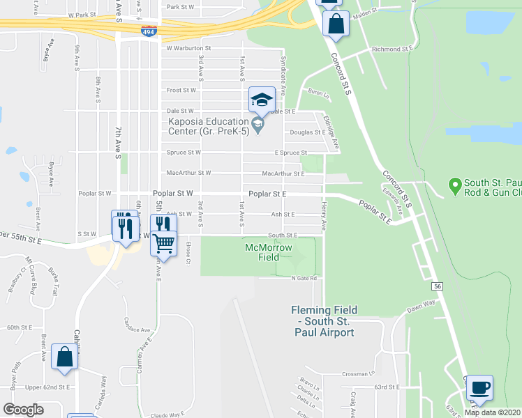 map of restaurants, bars, coffee shops, grocery stores, and more near 143 Ash Street East in South Saint Paul