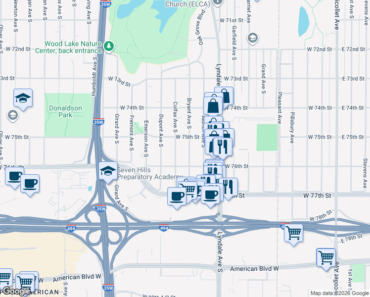 map of restaurants, bars, coffee shops, grocery stores, and more near 7521 Bryant Avenue South in Minneapolis