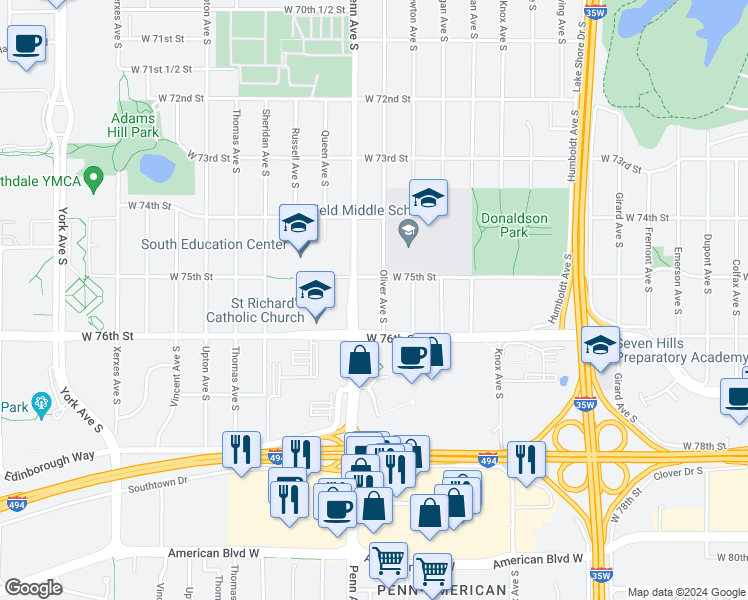 map of restaurants, bars, coffee shops, grocery stores, and more near 7520 Oliver Avenue South in Minneapolis