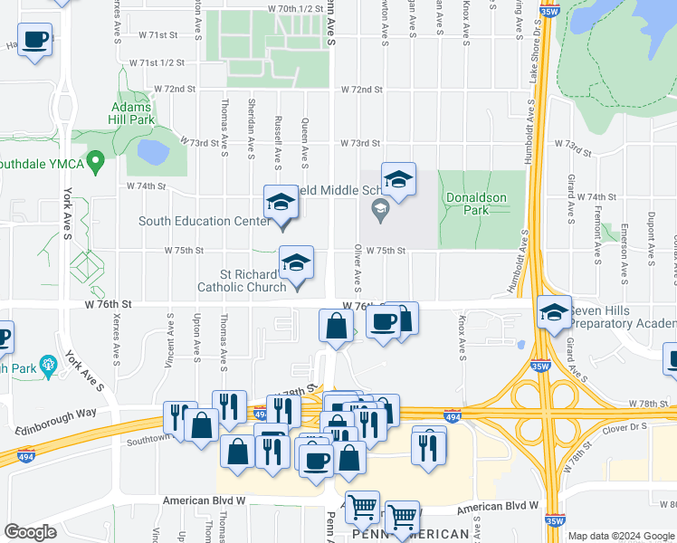 map of restaurants, bars, coffee shops, grocery stores, and more near 7527 Penn Avenue South in Minneapolis