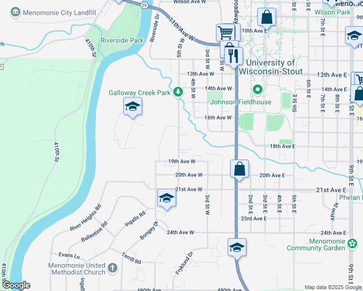 map of restaurants, bars, coffee shops, grocery stores, and more near 1712 5th Street West in Menomonie