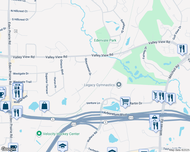 map of restaurants, bars, coffee shops, grocery stores, and more near 15245 Buchanan Ct in Eden Prairie