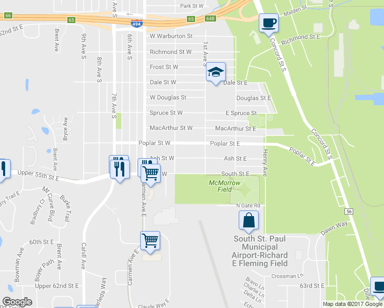 map of restaurants, bars, coffee shops, grocery stores, and more near 126 Ash Street West in South Saint Paul