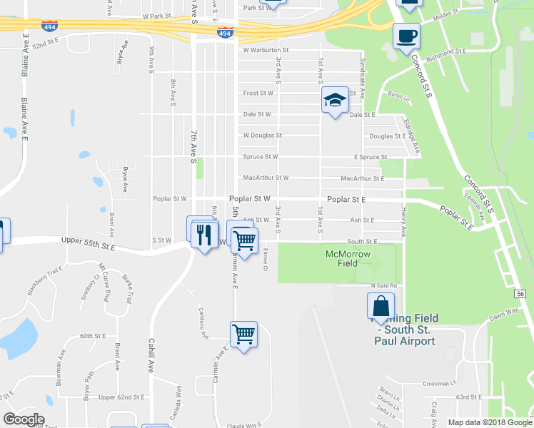 map of restaurants, bars, coffee shops, grocery stores, and more near 212 Ash Street West in South Saint Paul
