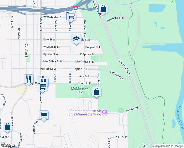 map of restaurants, bars, coffee shops, grocery stores, and more near 219 Ash Street East in South Saint Paul