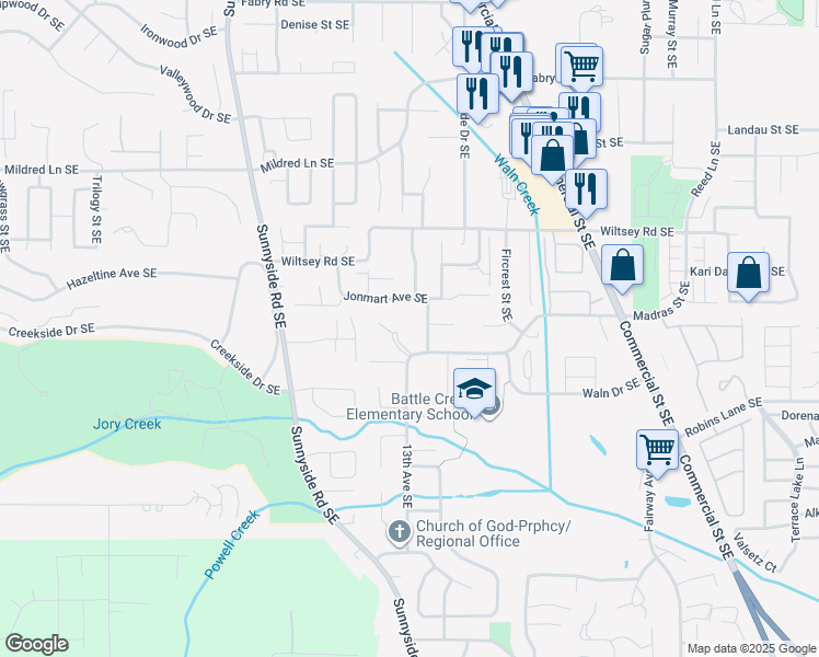 map of restaurants, bars, coffee shops, grocery stores, and more near 1359 Madras Street Southeast in Salem