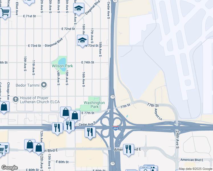 map of restaurants, bars, coffee shops, grocery stores, and more near 7500 Cedar Avenue in Richfield