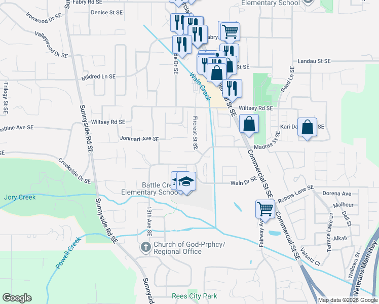 map of restaurants, bars, coffee shops, grocery stores, and more near 1580 Fircrest Court Southeast in Salem