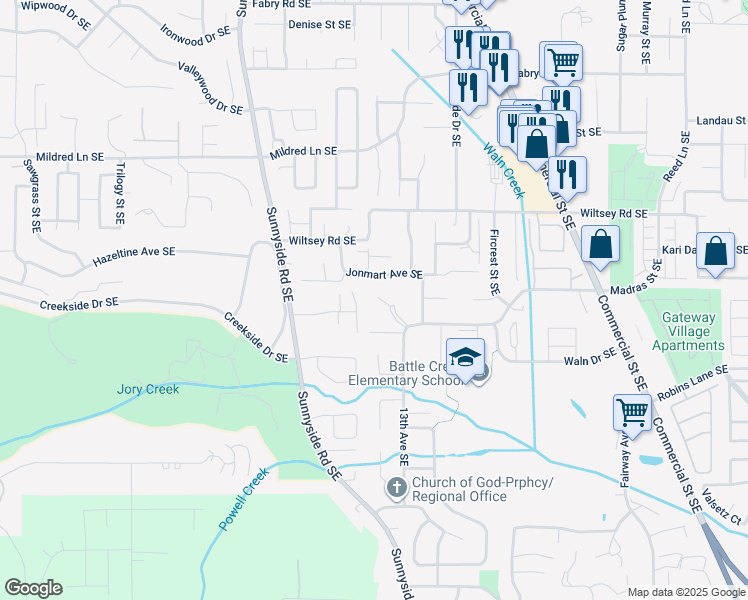 map of restaurants, bars, coffee shops, grocery stores, and more near 1327 Madras Street Southeast in Salem