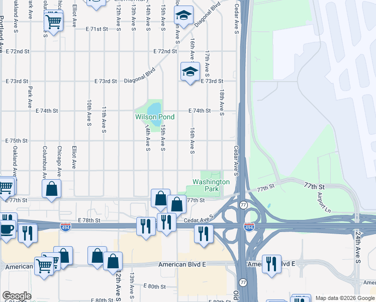map of restaurants, bars, coffee shops, grocery stores, and more near 7520 16th Avenue South in Minneapolis