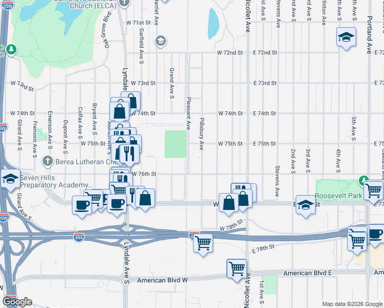 map of restaurants, bars, coffee shops, grocery stores, and more near 7526 Pleasant Avenue in Minneapolis