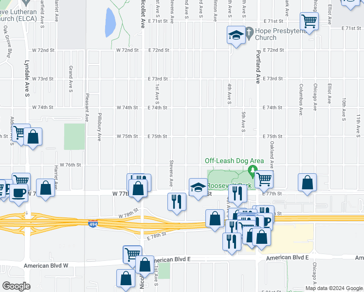 map of restaurants, bars, coffee shops, grocery stores, and more near 7514 2nd Avenue South in Minneapolis