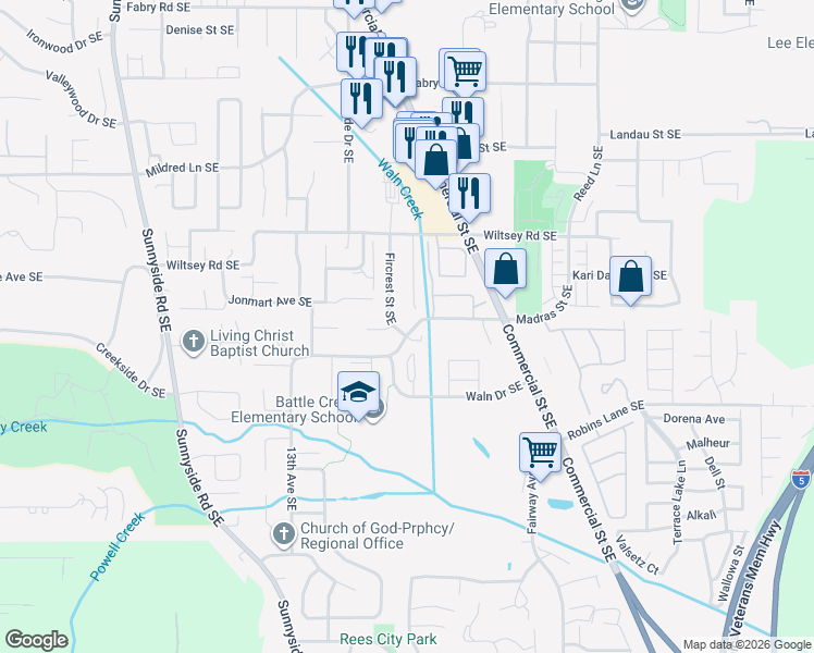 map of restaurants, bars, coffee shops, grocery stores, and more near 1628 Madras Street Southeast in Salem