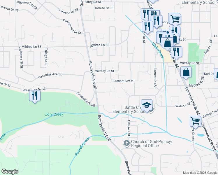 map of restaurants, bars, coffee shops, grocery stores, and more near 1187 Pollyanne Avenue Southeast in Salem