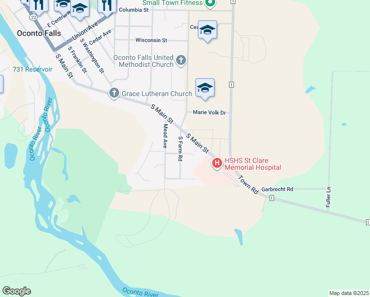 map of restaurants, bars, coffee shops, grocery stores, and more near 229 East Indianwood Drive in Oconto Falls