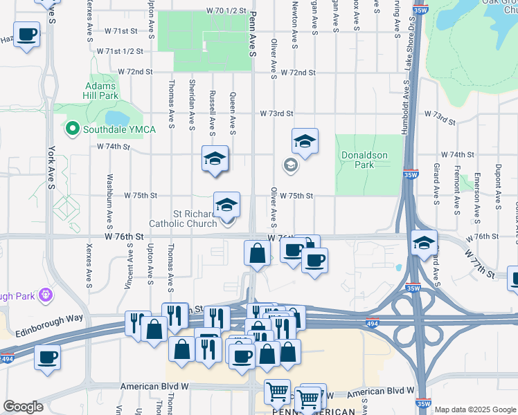 map of restaurants, bars, coffee shops, grocery stores, and more near 7527 Penn Avenue South in Minneapolis