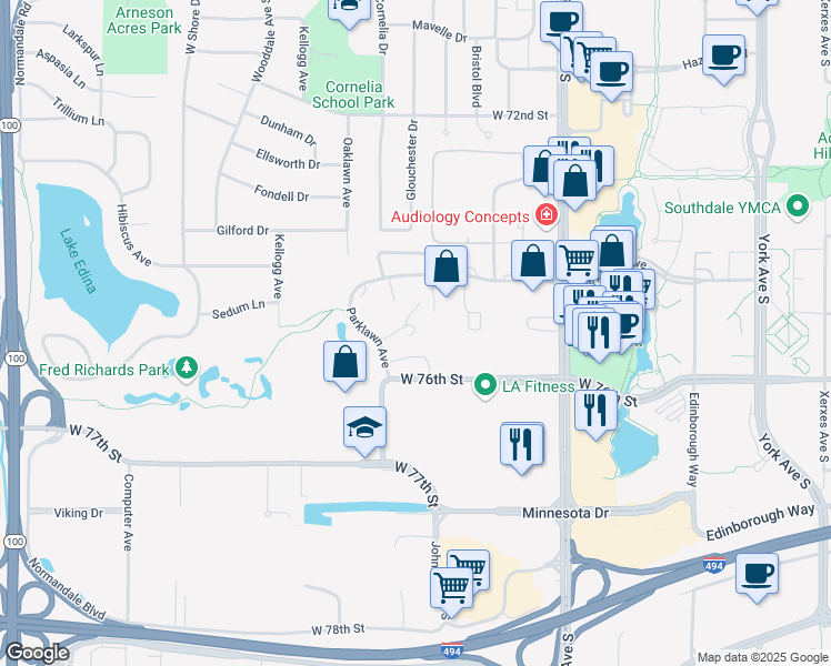 map of restaurants, bars, coffee shops, grocery stores, and more near 4435 Parklawn Court in Minneapolis