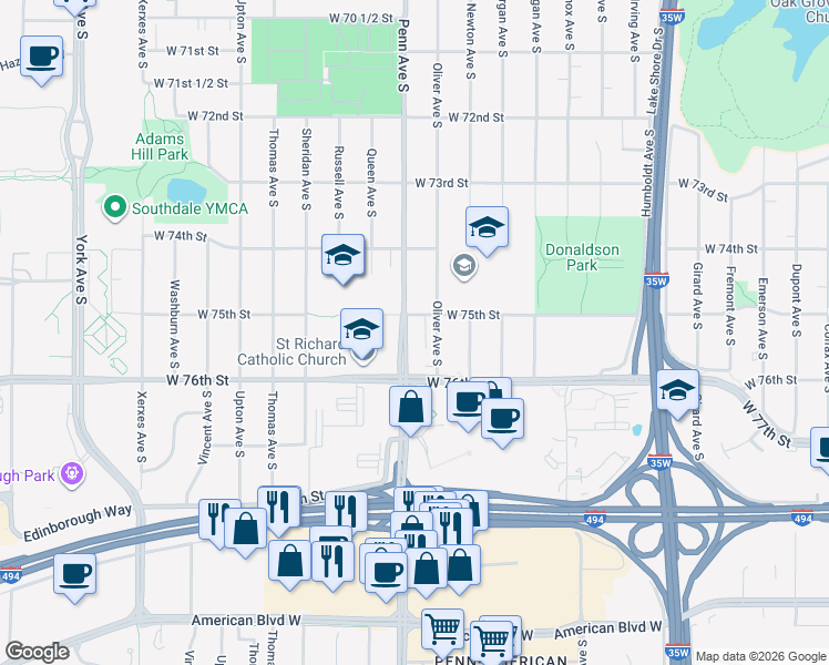map of restaurants, bars, coffee shops, grocery stores, and more near 7527 Penn Avenue South in Minneapolis