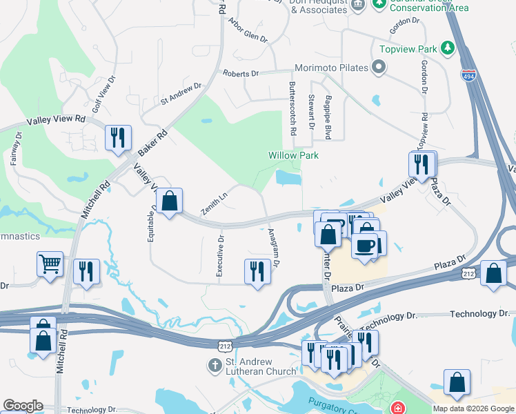 map of restaurants, bars, coffee shops, grocery stores, and more near 13300 Zenith Lane in Eden Prairie