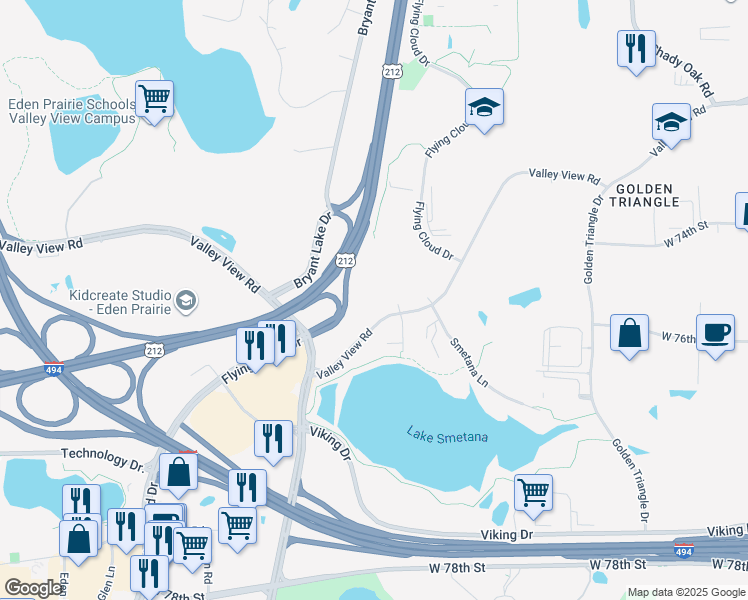 map of restaurants, bars, coffee shops, grocery stores, and more near 7500 Flying Cloud Drive in Eden Prairie
